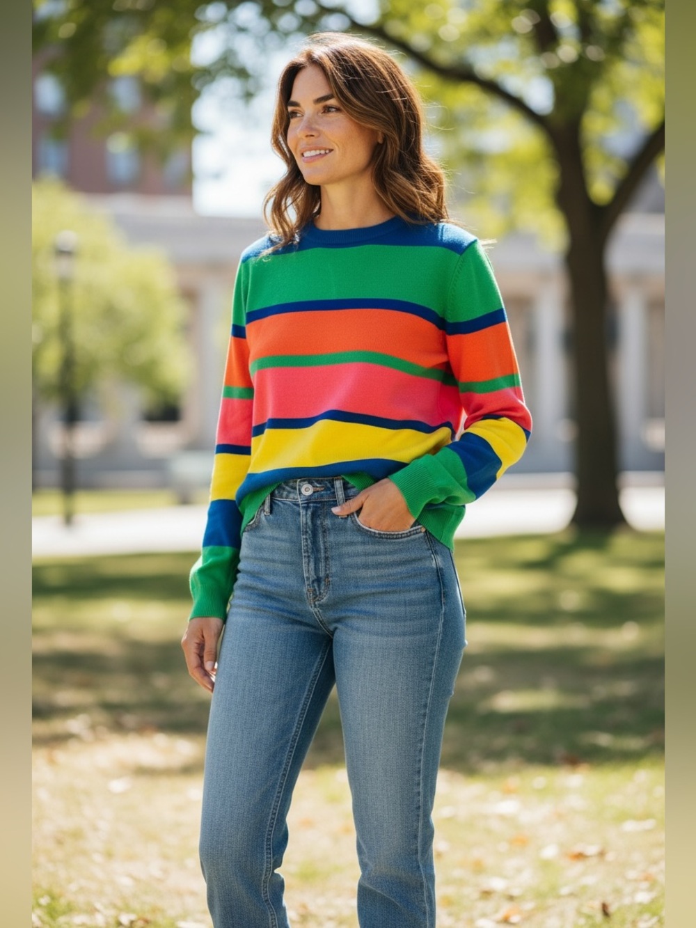 Blair Bold Multicolor Striped Crewneck Sweater - Blue/Green/Yellow/Pink/Orange